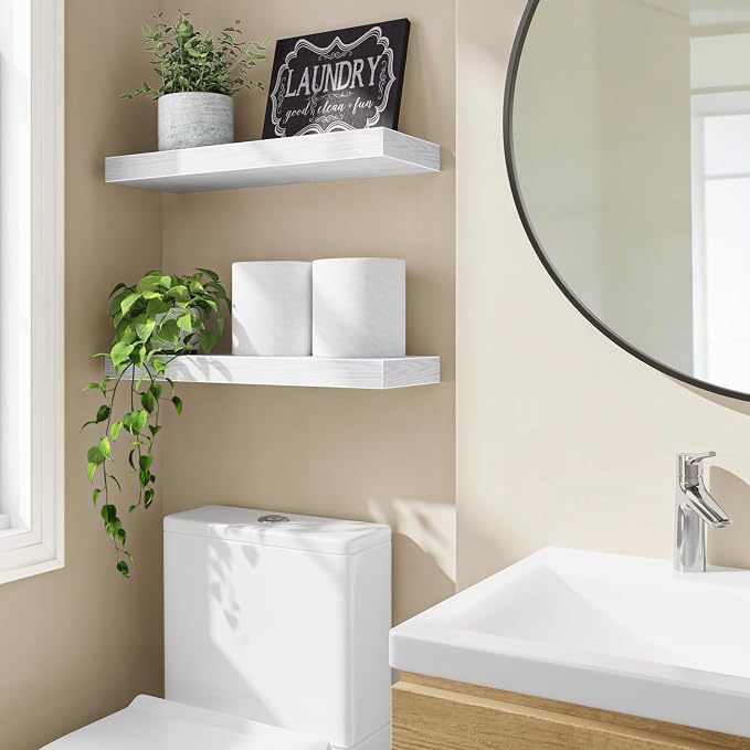 Fixwal Floating Shelves for Wall, 15.7" Wood Wall Mounted Shelves for Living Room, Bedroom, Bathroom and Kitchen, for Storage, Books, Room Decor (White, Set of 2) - Image 2