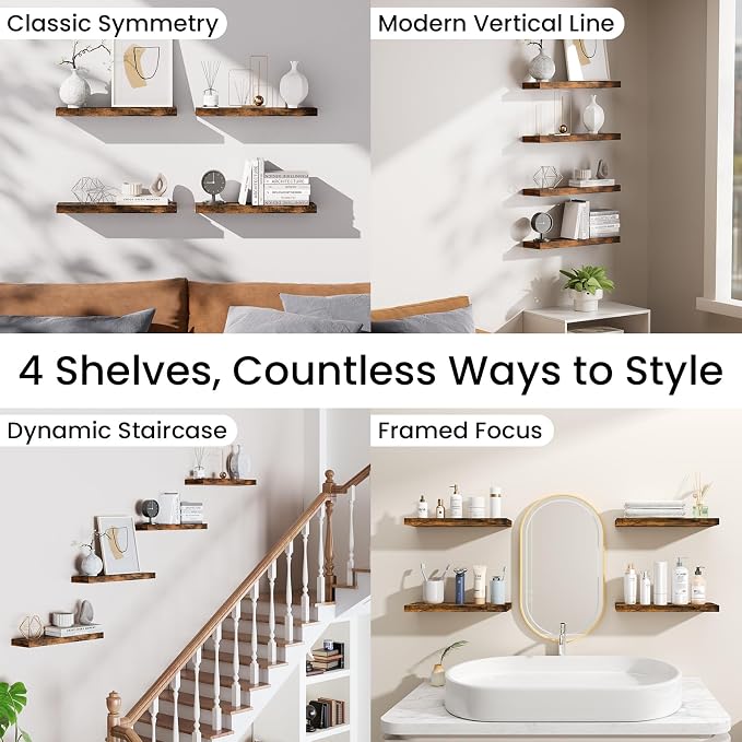 BAYKA Floating Shelves for Wall, 15.7in Wall Mounted Rustic Wood Shelves for Bathroom, Bedroom, Living Room, Kitchen, Hanging Shelf for Storage/Room Decor with 22lbs Capacity (Rustic Brown, Set of 4) - Image 9