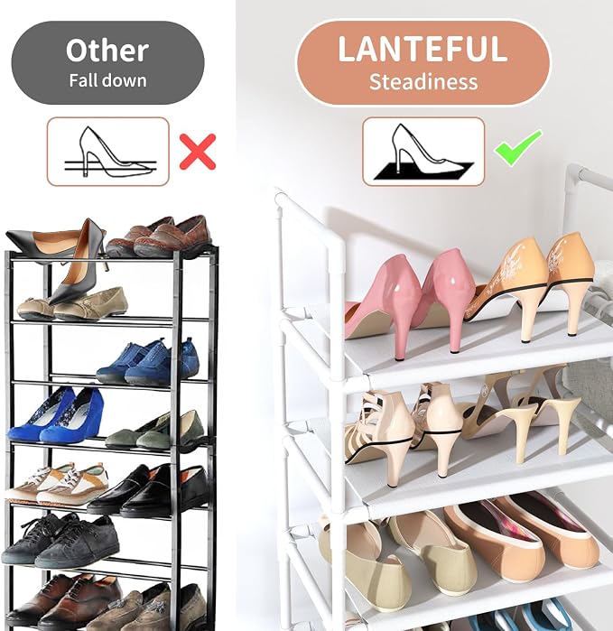 LANTEFUL 10 Tiers Tall Shoe Rack 20-25 Pairs Boots Organizer Storage Sturdy Narrow Shoe Shelf for Entryway, Closets with Hooks, White - Image 6