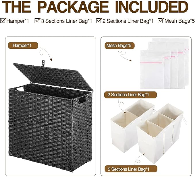 Greenstell Laundry Hamper with Lid, 125L Large Clothes Hamper with 3 Section & 2 Section Removable Liner Bags & 5 Mesh Laundry Bags, Handwoven Synthetic Rattan Divided Laundry Basket, Black - Image 7