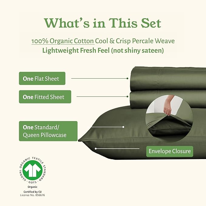 California Design Den Soft 100% Cotton Percale Sheets Twin Size Bed Set with Deep Pockets - Crisp, Breathable and Durable Cotton Bedding Set - Olive Green