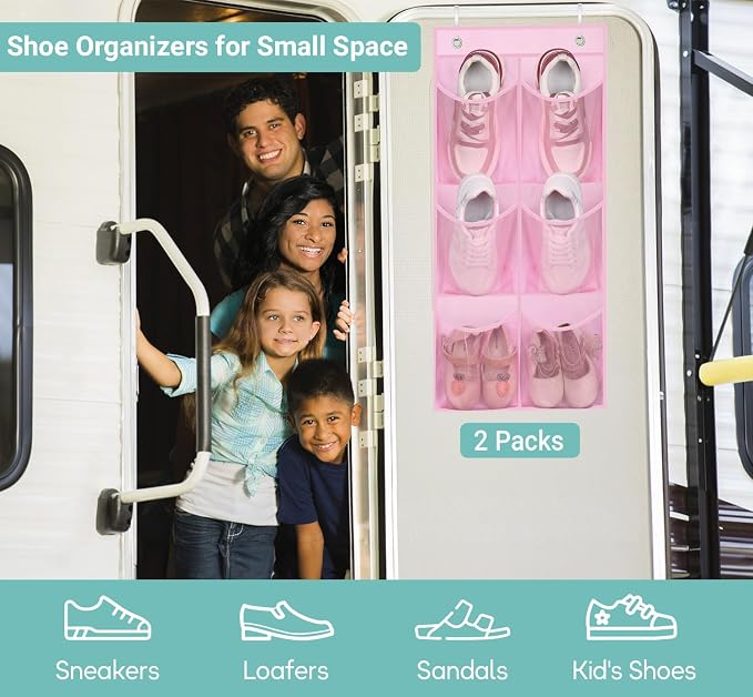 KIMBORA 2 Packs Narrow Kids Over the Door/Wall Shoe Organizer Small Baby Hanging Shoe Rack for Closet with Clear Mesh Pocket Shoe Storage for Toddler Girl Bedroom, Bathroom, RV, Pantry, Camping (Pink) - Image 2