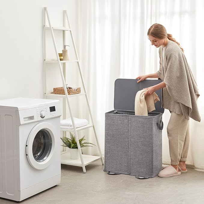 Lifewit Double Laundry Hamper with Lid and Removable Laundry Bags, Large Collapsible 2 Dividers Dirty Clothes Basket with Handles for Bedroom Laundry Room Closet Bathroom College, 155L Grey - Image 6