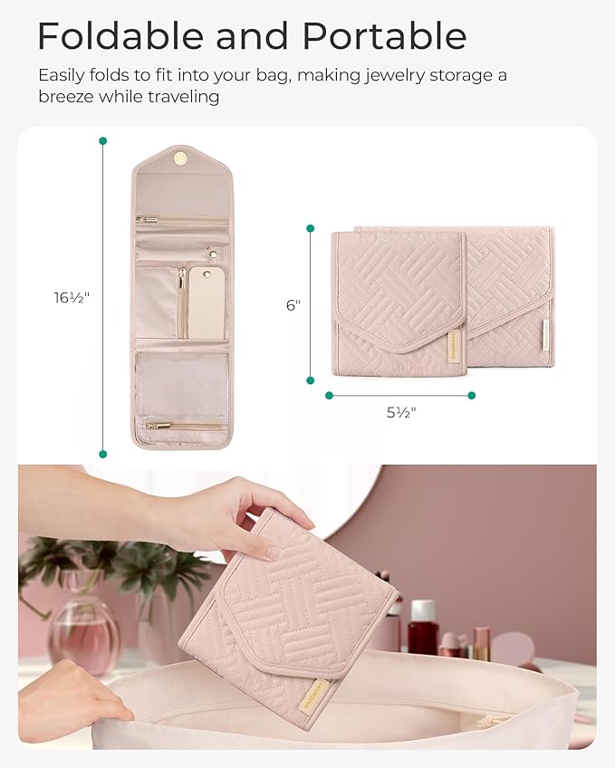 BAGSMART Travel Jewelry Organizer Case Foldable Small Jewelry Roll for Journey Rings, Necklaces, Earrings, Bracelets,Mini,Soft Pink (Pack of 2) - Image 6