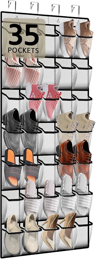 PAULONE 35 Pocket Over the Door Shoe Organizer,Reusable Breathable Large Mesh Bag Men's & Women's Sneaker Organizer,Shoe Organizer for Kids,Hanging Shoe Storage Hanging Bag -White by Unknown