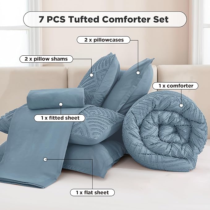 Andency King Size Comforter Set 7 Pieces Grayish Blue - Bed in a Bag King Boho Lightweight Fluffy Tufted Bedding Sets with Comforter, Sheets, Pillowcases & Shams