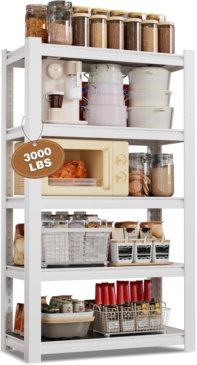 WORKPRO House 5-Tier Shelving Unit, 3000lbs Adjustable Storage Shelves, Boltless Book Shelf, Shelf Organizer for Kitchen, Living Room, Bathroom, Wood Grain Pattern, Waterproof Board, 24-1/10"W, White by WORKPRO