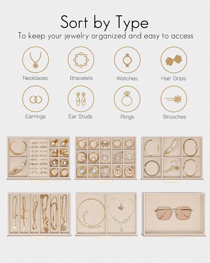 VLANDO 6 Layer Jewelry Box for Women, Glass Lid Jewelry Organizer with 6 Drawers for Necklaces Rings Earrings Bracelets - Toffee - Image 4