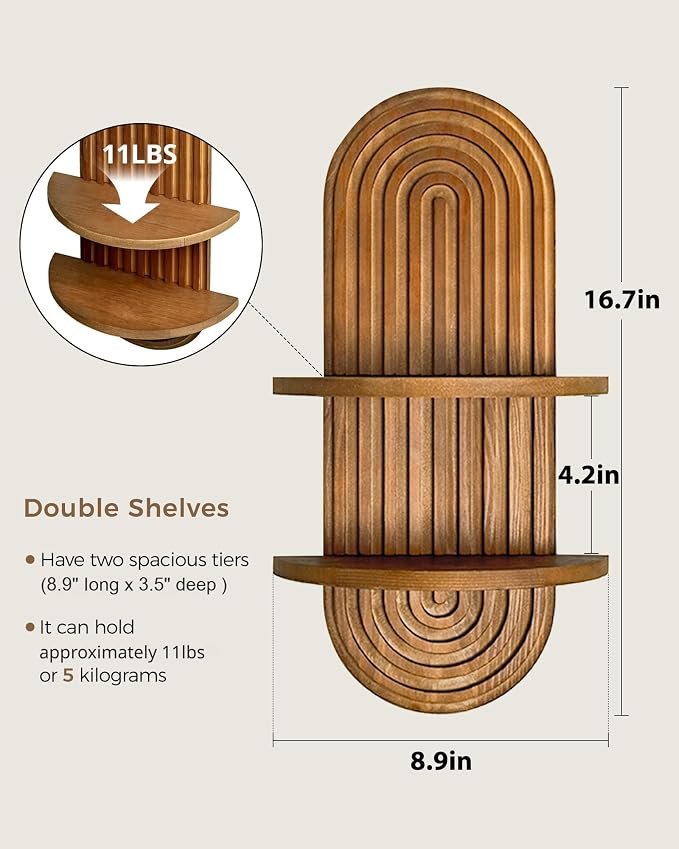 Bamworld Plant Wall Shelf Boho Wall Decor Brown Hanging Plant Shelf Mid Century Modern Decor 2-Tier Wooden Floating Shelves for Home, Bathroom Living Room Office Holding Planter Decoration, 1Pcs - Image 2