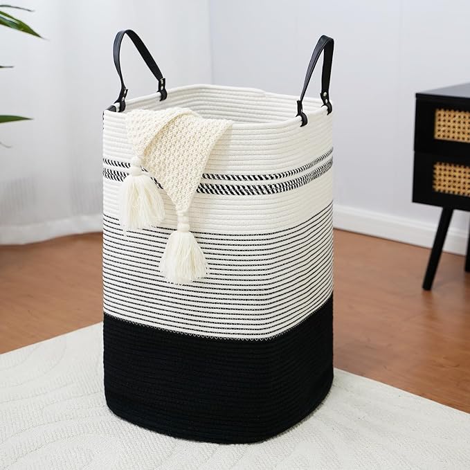 danpinera 100L Nursery Hamper, Tall Woven Laundry Basket with Long Leather Handles, Boho Laundry Hamper for Living Room & Bedroom, Eco-friendly & Convenient Decorative Storage Basket, White & Black by danpinera