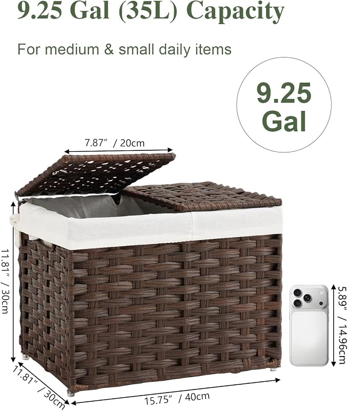 SETVSON Storage Basket with Lid Woven Wicker Baskets with 2 Separate Lid, 9.2 Gallon (35 L) Wicker Storage Bins with Handles, Foldable and 2 Removable Liner Bags for Bedroom, Laundry Room Brown - Image 2
