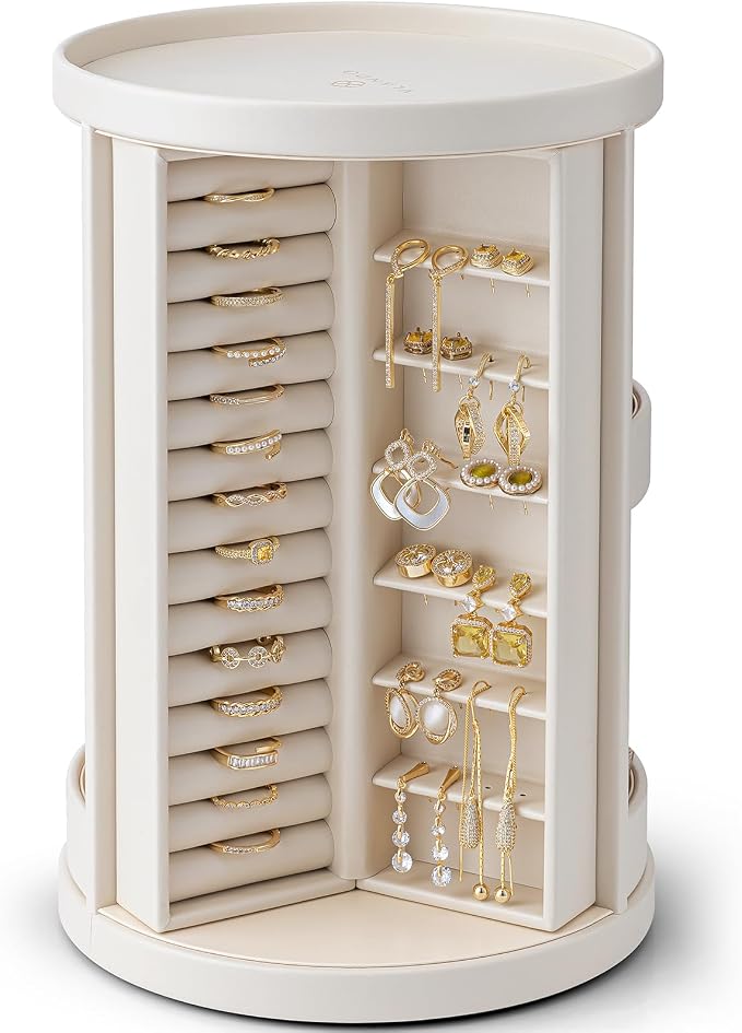 VLANDO 360°Rotating Jewelry Box,Earring Organizer Large Vertical Jewelry Organizer with 6 Necklace Hooks, Open Ring Display Storage for Women - Cream White by VLANDO