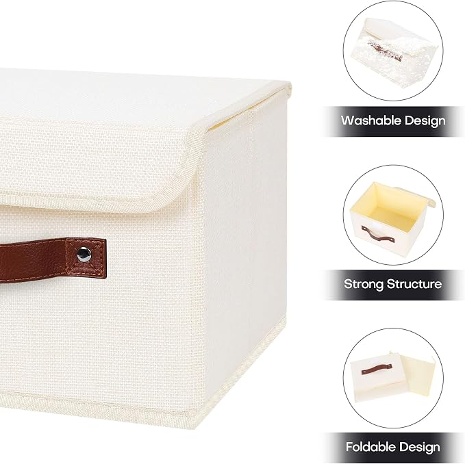 ANMINY 2PCS Storage Bins with Lid PU Leather Handles Storage Boxes PP Plastic Board Decorative Foldable Lidded Cotton Linen Fabric Home Cubes Baskets Closet Organizer Containers - Beige, Small Size - Image 4