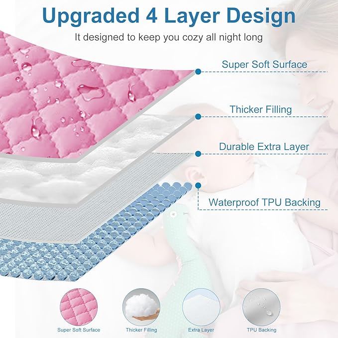 2Pack Waterproof Crib Mattress Protector,Cotton 52X28 Fitted Crib Sheets Crib Mattress Protector Sheets,Soft Toddler Bed Sheets,Washable Infant Fitted Baby Bed Sheets (Pink, 52X28inch)