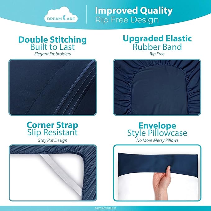 DREAMCARE California King Sheet Sets - Cooling Bed Sheets - 4pcs Set - up to 15" Deep Pocket Cal King Sheets - California King Sheets - Soft & Lasting 100% Brushed Polyester with Side Pocket - N Blue