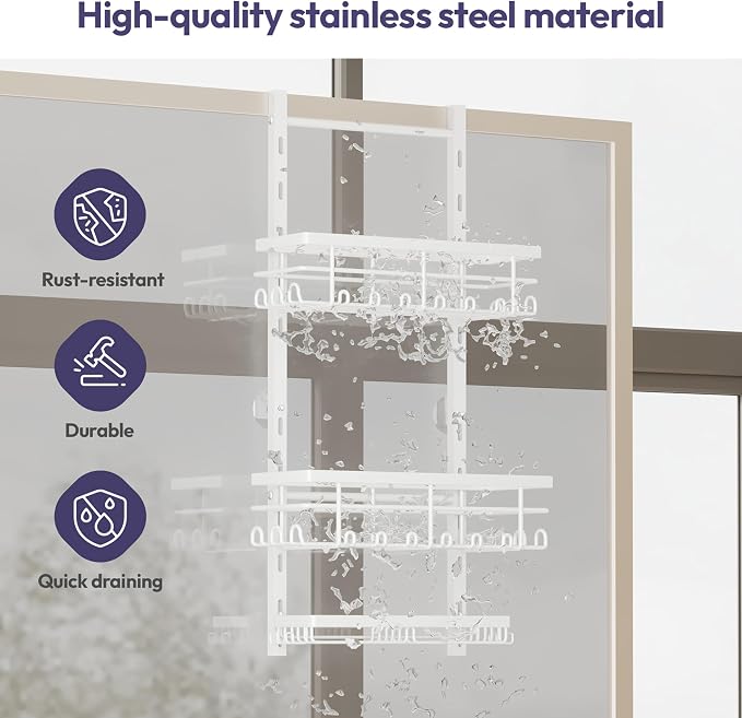 SWTYMIKI Over The Door Shower Caddy - 3 Tier Rustproof Hanging Shower Organizer with Adjustable Shelves, 28 Hooks & Soap Holder, Hanging Shower Rack Storage for Bathroom Accessories, White - Image 6