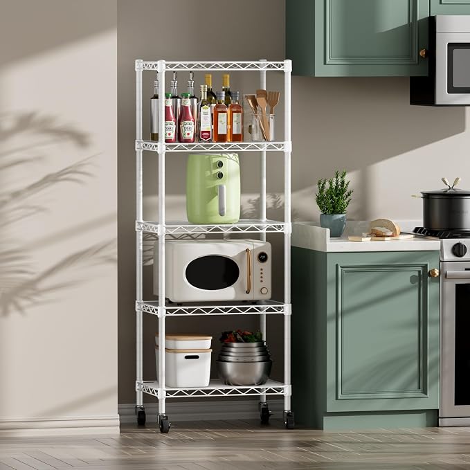SINGAYE 6 Small Shelf Storage Wire Shelves Closet Bathroom Organizers Metal Pantry Kitchen Garage Shelving Unit Laundry Room Organization Home Narrow Rack Net Basket with Wheels White - Image 6