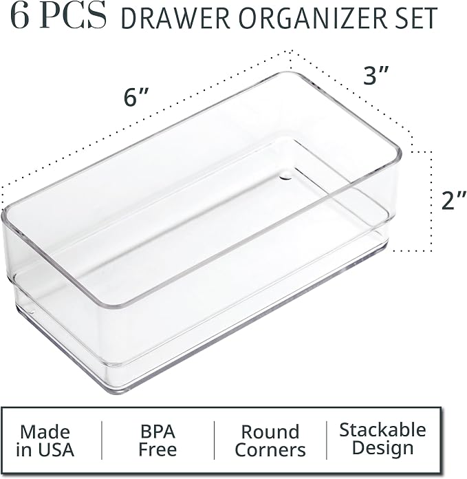 STORi SimpleSort 6-Piece Stackable Clear Drawer Organizer Set | 6" x 3" x 2" Rectangle Trays | Small Makeup Vanity Storage Bins and Office Desk Drawer Dividers | Made in USA - Image 2