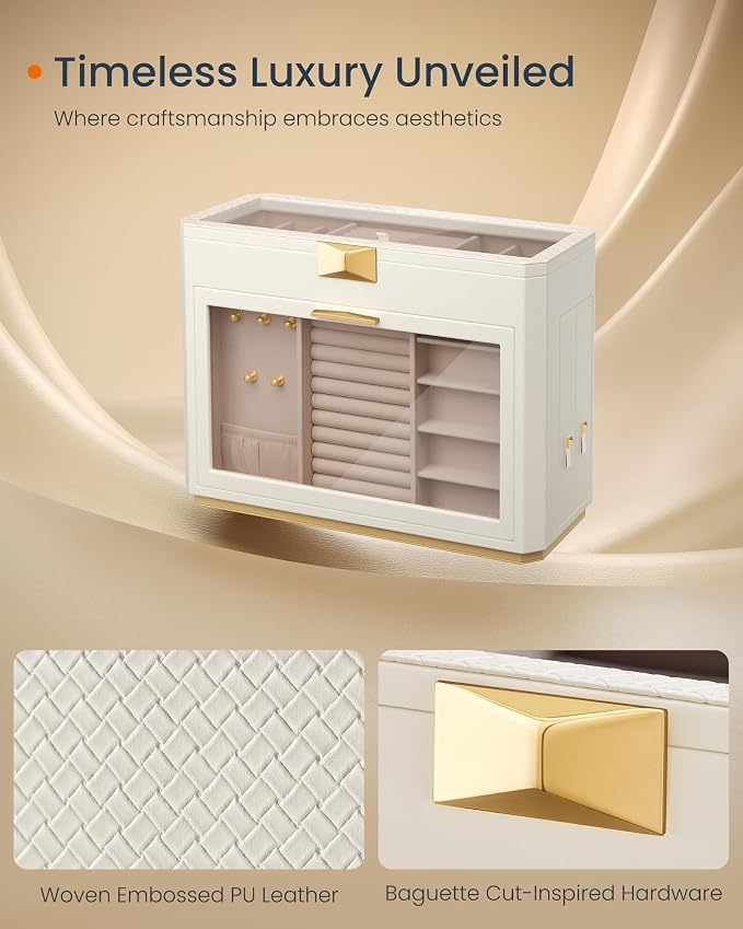 SONGMICS HOME Large Jewelry Box, Vertical Jewelry Organizer with Glass Windows, Jewelry Pouch, 4 Side Drawers, Woven Embossed PU Leather, Gift Idea, Cloud White UJBC203W01 - Image 4