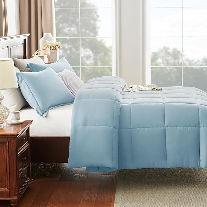 CozyLux Full Size Comforter Sets - Light Blue Comforter Full Size, 3 Pieces Box Stitched Bed Set for All Seasons, Soft Lightweight Bedding Sets with 1 Down Alternative Comforter and 2 Pillow Shams