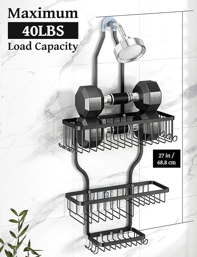 YASONIC Never-Rust Aluminum Hanging Shower Caddy – Over-the-Showerhead Organizer with 10 Hooks for Razor and Sponge – Includes Soap Basket – Black - Image 4