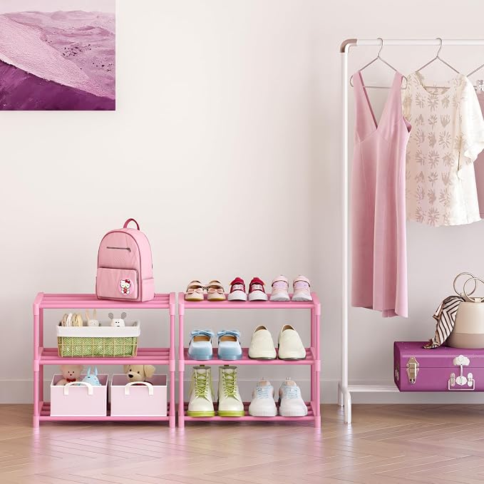 HITHIM 3-Tier Pink Shoe Racks for Women/Girls/Kids' Closet, Small Shoe Storage for 5-7 Pairs, Lightweight Stackable Shoe Shelf Organizer for Entryway, Front Door Entrance, Bedroom - Image 2
