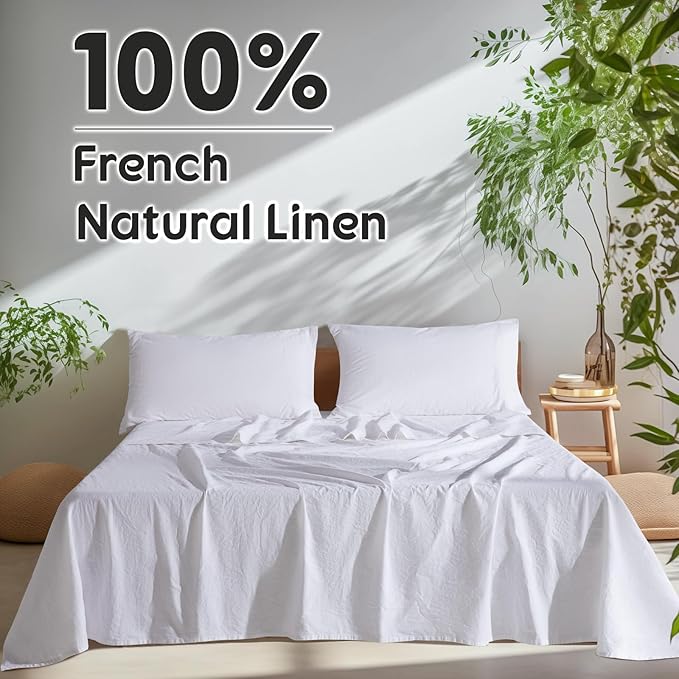SONORO KATE 100% French Pure Linen Sheets, Breathable and Durable Linen Full Size Sheets, Anti-Tear Linen Bed Sheets, Machine Washable, 16 Inch Deep Pocket - 4 Piece (White, Full)