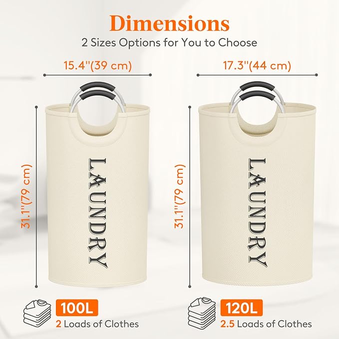Lifewit 120L 2-Pack Large Laundry Basket, Collapsible Laundry Hamper with Aluminum Handles, Waterproof Freestanding Dirty Clothes Hampers for Laundry Room Bedroom Dorm Bathroom, White - Image 2