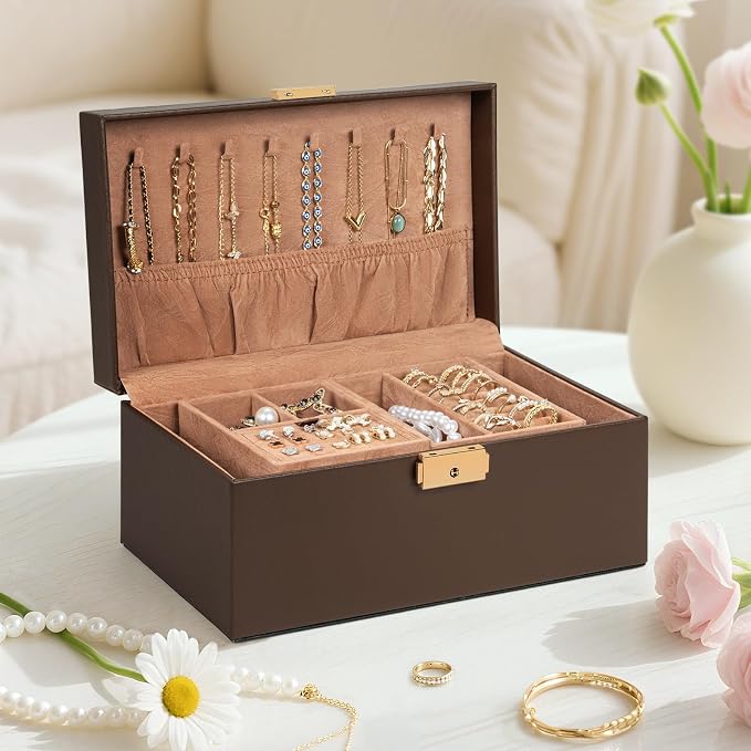 AKOZLIN Travel Jewelry Box Organizer Functional 2-trays Leather Jewelry Storage Case with Lockable Portable for Women Girls Ring Necklace Earring Bracelet - Image 4