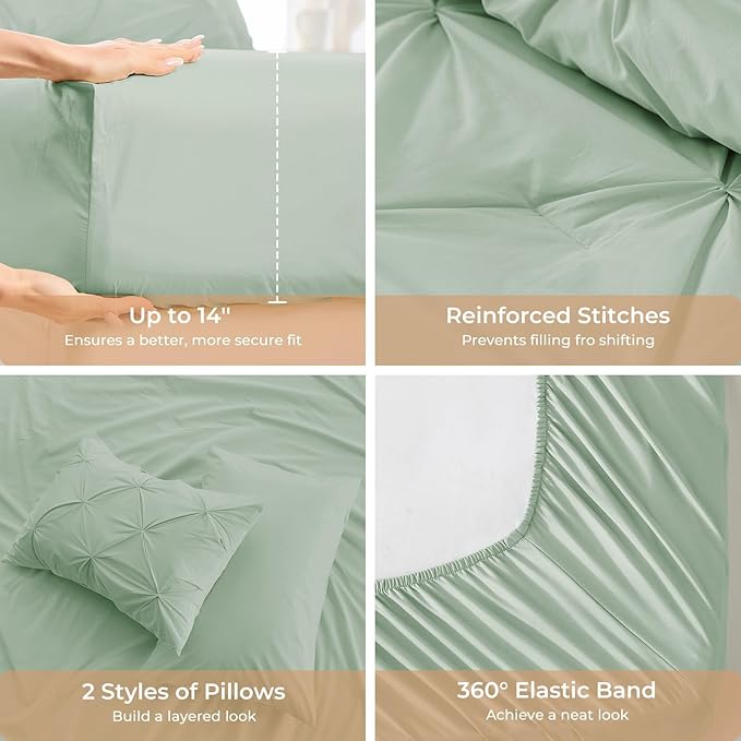 Sasttie Twin Comforter Set, 5-Piece Bed in a Bag, Pintuck Bedding Sets for All Season, Includes Comforter, Flat Sheet, Fitted Sheet, Pillowcase and Pillowsham, Light Sage Green