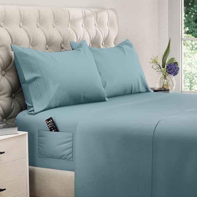 DREAMCARE King Size Sheets Set – 4 pcs Cooling Sheets – up to 21” Deep Pocket King Sheet Set – Hotel Luxury Sheets & Pillowcases – Superior Softness 100% Microfiber with Side Pocket - Mineral Blue
