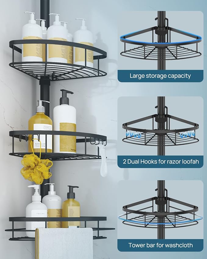 SEIRIONE Rustproof Shower Corner Caddy Organizer for Bathroom, 4-Tier Adjustable Bathroom Shelf with Tension Pole, Solid Rack Ideal for Bathtub Storage, 34 to 116 Inch Height, Black - Image 6