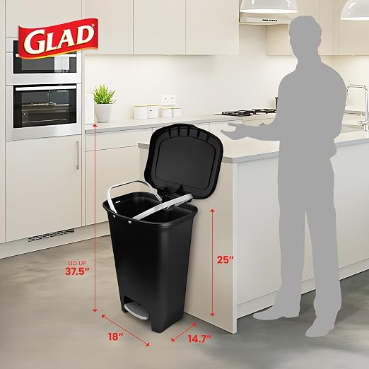 Glad 13 Gallon Trash Can | Plastic Kitchen Waste Bin with Odor Protection of Lid | Hands Free with Step On Foot Pedal and Garbage Bag Rings, Black - Image 2
