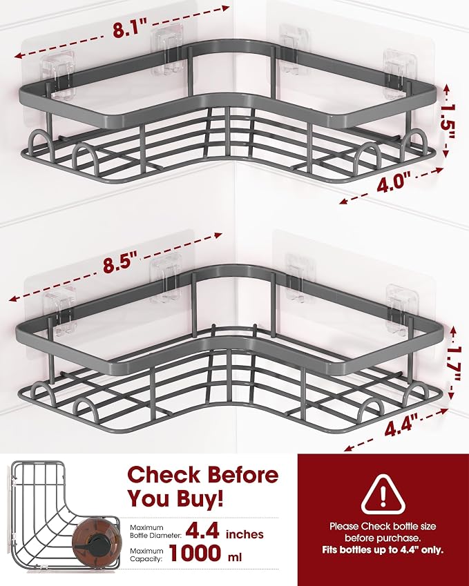 Sakugi Corner Shower Caddy - 2 Pack, Adhesive Shower Organizers, Rustproof Stainless Steel Shower Shelves with 8 Hooks, No Drilling Bathroom Organizers and Storage Racks, Space-Saving, Grey, Medium - Image 2
