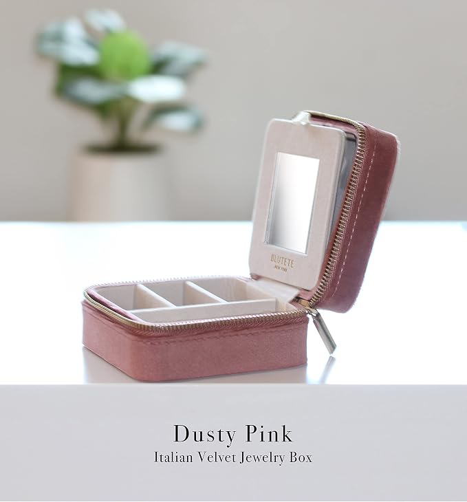 BLUTETE Travel Jewelry Box Organizer Velvet Travel Case With Mirror Ring Earrings Necklaces Storage Organizer Box (Dusty Pink) - Image 2
