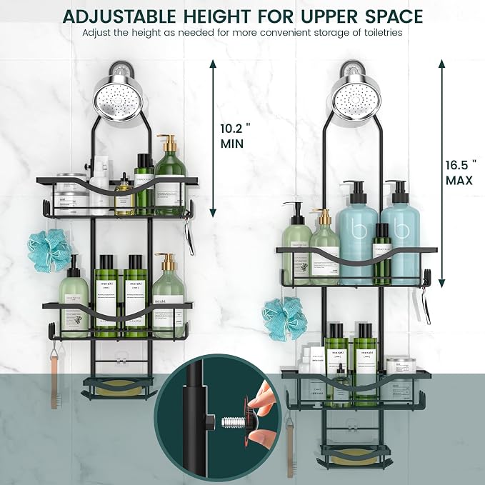 Shower Caddy Hanging Adjustable Shower Caddy, Rustproof Shower Organizer Extended Length Shower Caddies Over Shower Head with Hooks Soap Holder, Large Capacity Anti-Swing Bathroom Storage, Black - Image 2