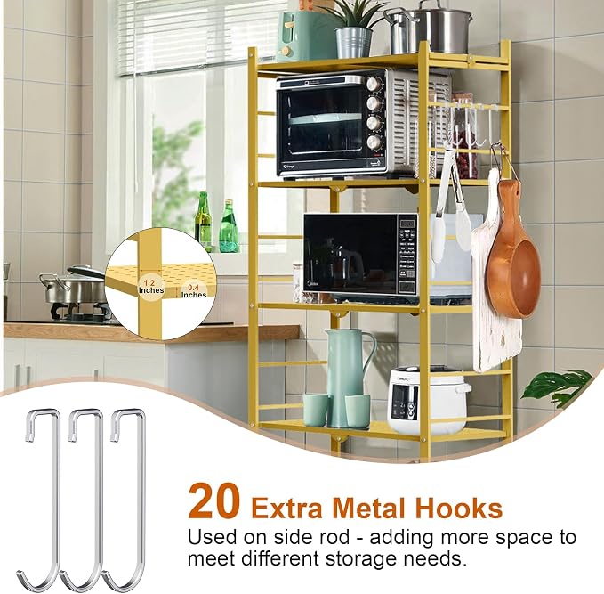 Himix Storage Shelves with 20 Hooks, 5-Tier Foldable Shelves for Storage, Folding Shelf Unit Pantry Shelves with Wheels, Standing Shelving Unit for Kitchen Garage Home Office Room Greenhouse, Gold - Image 4