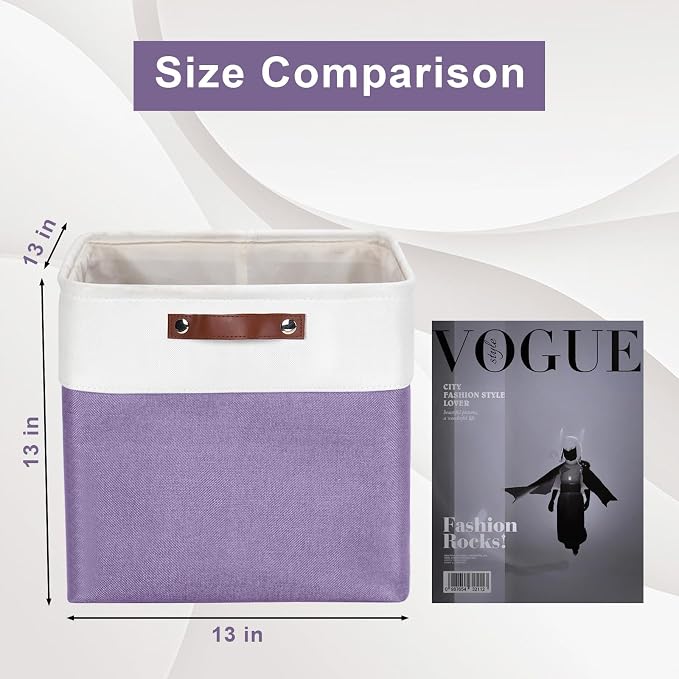 Bagnizer 13x13 Cube Storage Bins, Collapsible Fabric Storage Box, 4 Pack Closet Baskets with Handles for Organizing, Shelf, Toys, Clothes, Home, Office, Nursery (Purple&White) - Image 3