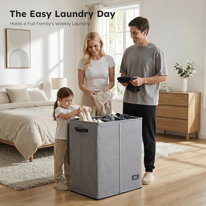 SOLEDI Double Laundry Basket with Lid and Removable bag, Large Laundry Hamper 2 Section with handles, Collapsible Dirty Clothes Hampers for Laundry, Bedroom, Dorm, College - Image 3