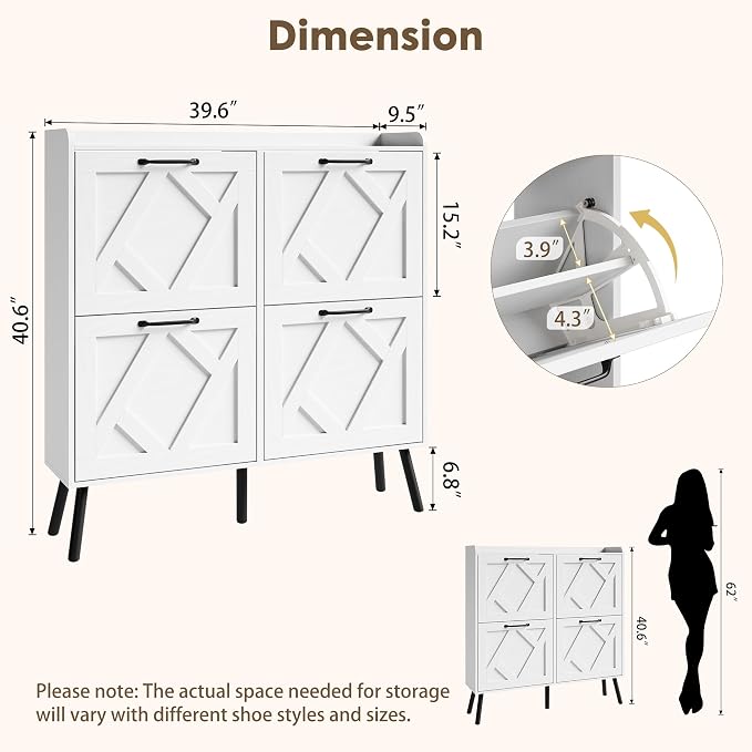 Nicetree Shoe Cabinet with 4 Flip Drawers, Freestanding Shoe Organizer Cabinet with Metal Legs, Farmhouse Slim Shoe Rack Cabinet for Entryway, Foyer, Hallway, White - Image 2