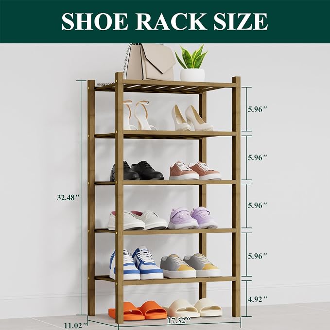 Smiry Shoe Rack, 5 Tier Thick Small Bamboo Shoe Organizer, Stackable Free Standing Wooden Shoe Storage Shelf for Closet, Entryway, Front Door Entrance, Walnut - Image 2