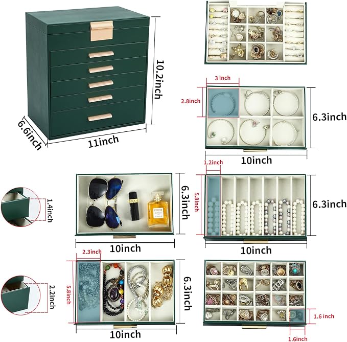 BOOVO Jewelry Boxes for Women, White and Black 6 Layer Large Jewelry Box for Necklace, Bracelet, Earrings, Rings Storage, Jewelry holder Organizer for Girls Gift (Green and Gold, 6 layer) - Image 4