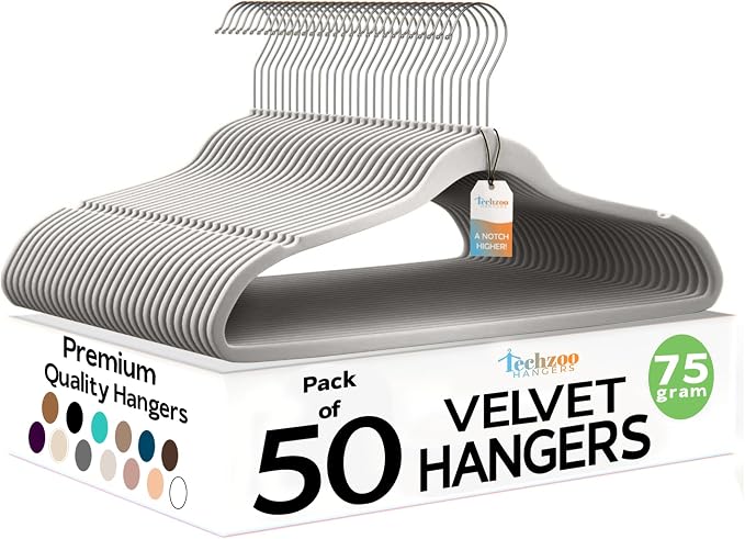 Techzoo Premium Velvet Hangers 50 Pack Ultra Thin Non Slip Adult Felt Space Saving Suit Hanger for Closet Heavy Duty Coat Pants Jackets Dress Hangers 360° Swivel Hook Hold Upto 10 lbs Silver Birch by TECHZOO