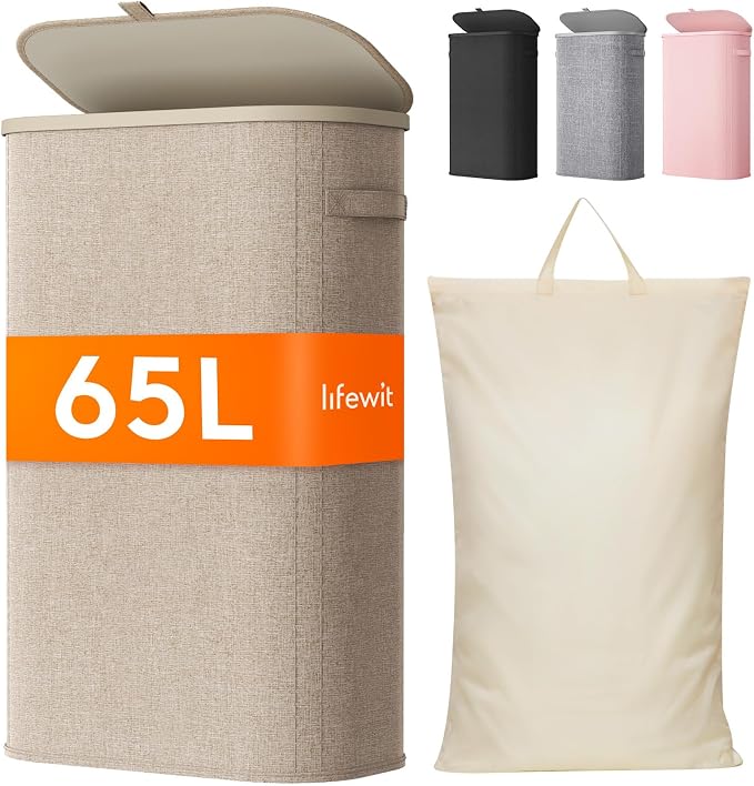 Lifewit Slim Laundry Basket with Lid, Narrow Laundry Hamper with Plastic Handles and Removable Bag, Tall Foldable Dirty Clothes Hampers for Laundry Room, Bedroom, Bathroom, Dorm, 65L Beige by Lifewit