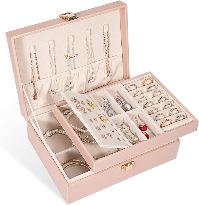 Voova Jewelry Box Organizer for Women Girls, 2 Layer Large Men Jewelry Storage Case, PU Leather Display Jewellery Holder with Removable Tray for Necklace Earrings Rings Bracelets, Vintage Gift, Pink by Voova
