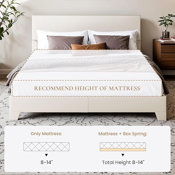 SHA CERLIN Queen Size Bed Frame with Adjustable Headboard, Faux Leather Upholstered Platform Bed with Wood Slats, Stable Mattress Foundation,No Box Spring Needed, Off-White