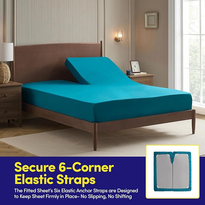 Split Head King Sheets Set for Adjustable Beds 4 Piece Flex Top Bed Sheets – Deep Pocket Split Top Fitted Sheet with Built-in Corner Straps, Luxury Soft Cooling Bedding, Wrinkle Resistant, Teal