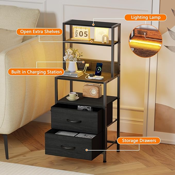 Furnulem Nightstands Set of 2, Tall Night Stand Set with Charger Station, 2 Fabric Drawers and Light Tube, Bedside End Table with 4-Tier Shelves, Bed Side Tables for Bedroom, Office, Black Oak