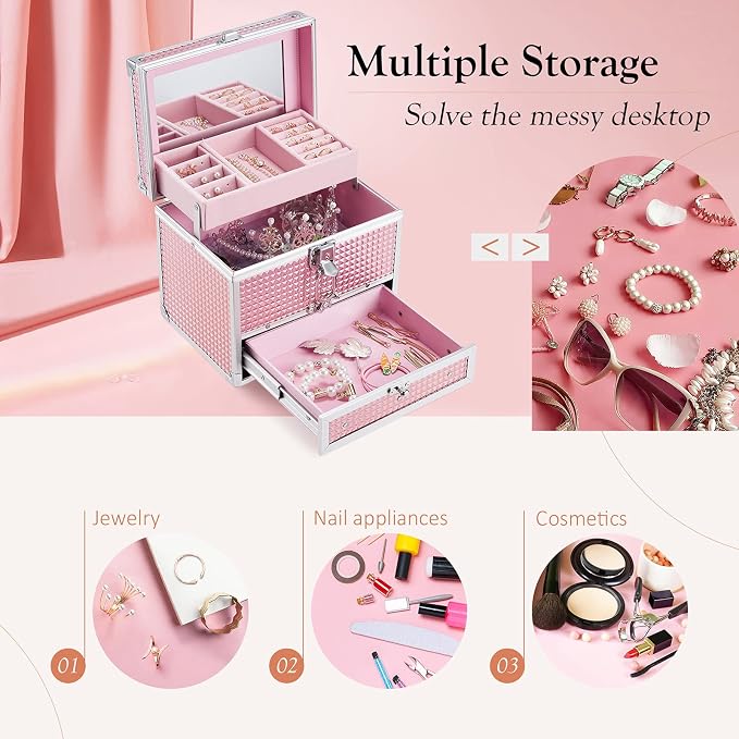 Hododou Girls Jewelry Box Organizer with Drawer & Mirror, Shiny Pink Style Lockable Storage Case for Kid or Little Girls Jewelry and Hair Accessories - Image 3