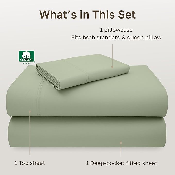 California Design Den Natural 100% Cotton Bed Sheets Twin Size Set - Luxury 600 Thread Count Sateen, Fully Elasticized Deep Pocket Sheet Set, Durable Bedding - Laurel Green